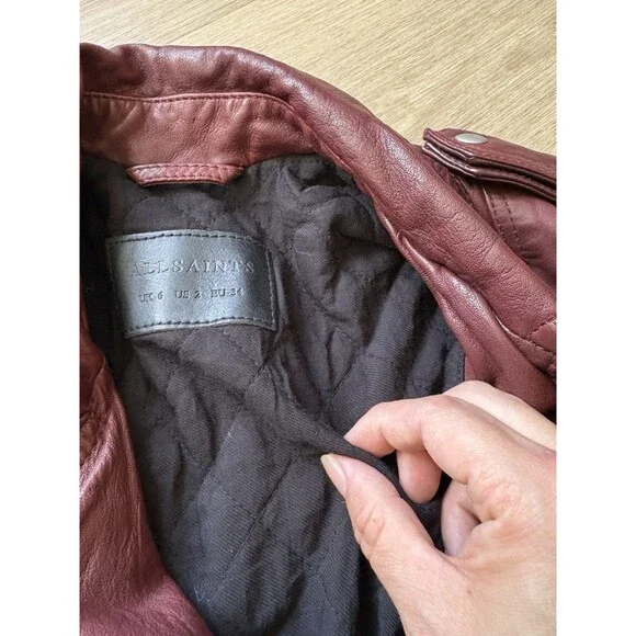 ALLSAINTS Women’s Burgandy Lined Leather Jacket Gidley Biker Moto US Size 2 WARM - Picture 5 of 8